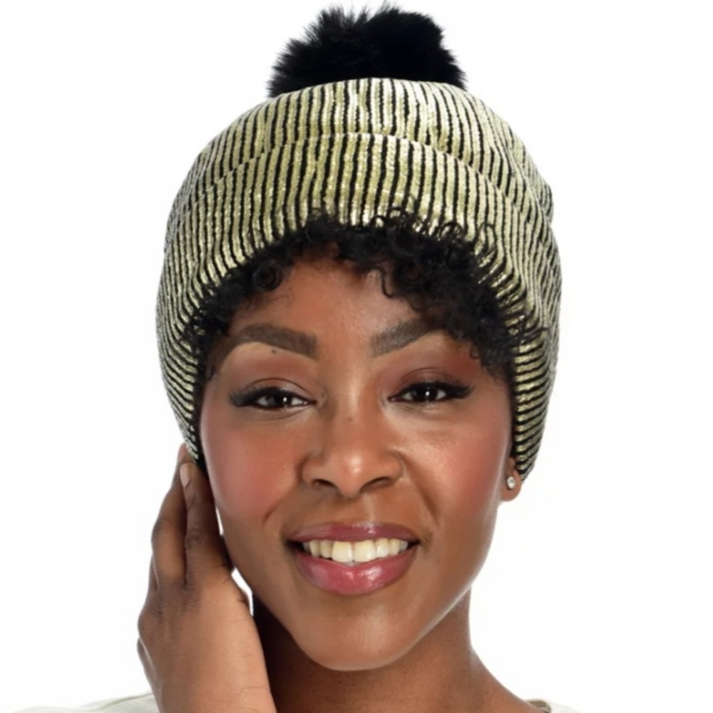 New Muse Royale Knit Metallic Foil Pom Pom Beanie.